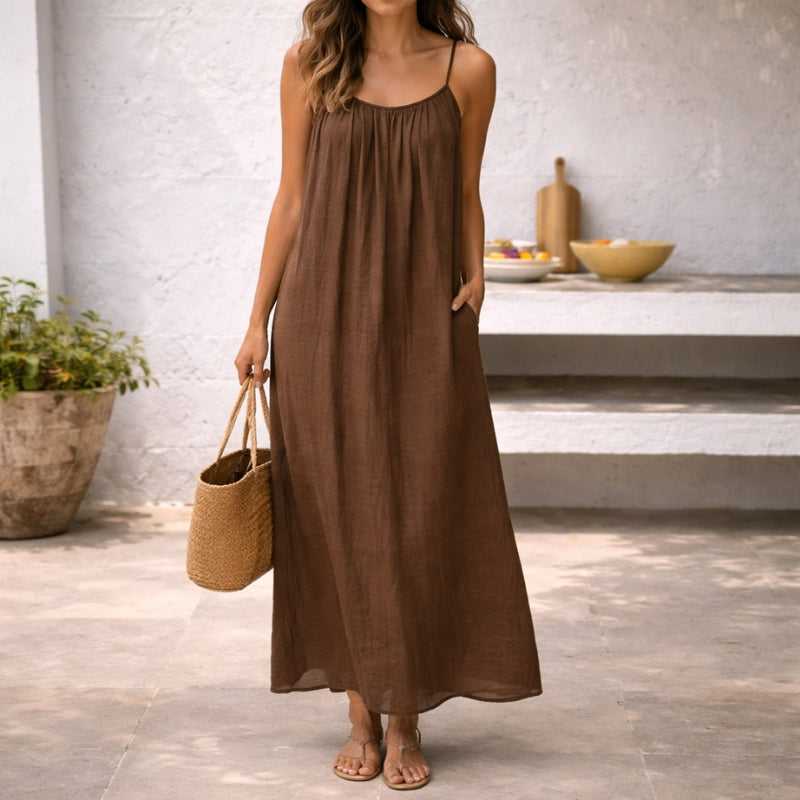 Linen Dress Women Sleeveless Long Maxi Cotton Blend Open Back