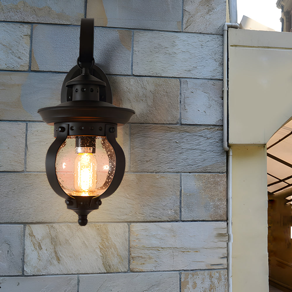 Tamsin | Outdoor Wall Lantern | Black, Seeded Glass Globe, LED, 1-Light