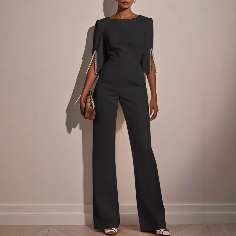 Yvaine | Women's Wide Leg Jumpsuit | Pearl Sleeve Detail, Relaxed Fit