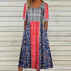 Yara | Women's Midi Dress | Boho Print, Square Neck, Short Sleeve