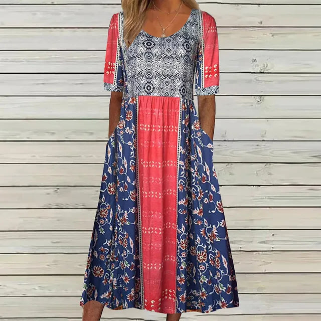 Yara | Women's Midi Dress | Boho Print, Square Neck, Short Sleeve