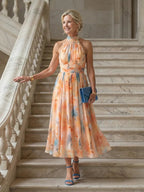 Women Halter Midi Dress Gathered Neckline