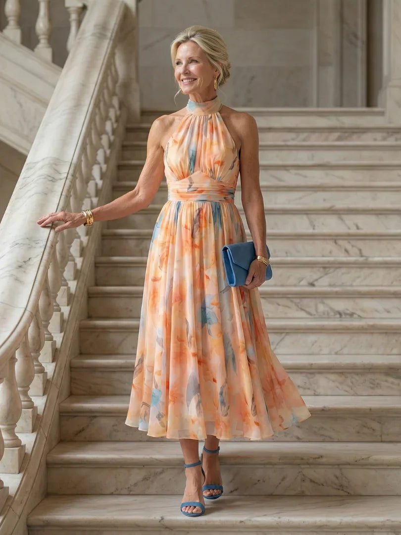 Women Halter Midi Dress Gathered Neckline