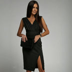 Summer Dress | Women Cocktail Crossover V Neck Pleated Fitted
