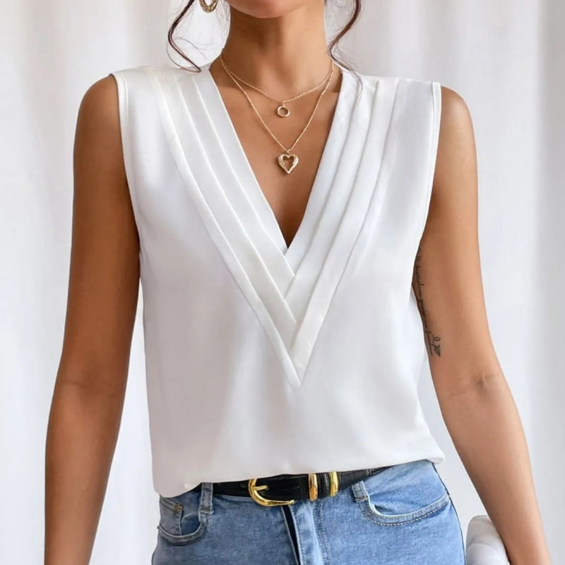 Women Sleeveless Blouse Oversized V Neck Pleated | Bea