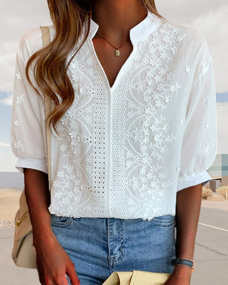 Eira | Women's Blouse | V-Neck, Puff Sleeves | Cotton Mix, Patchwork