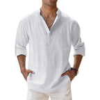 Men Linen Shirt Henley Lightweight Long Sleeve Button Neck Casual