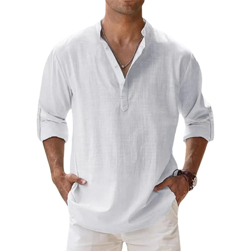 Men Linen Shirt Henley Lightweight Long Sleeve Button Neck Casual