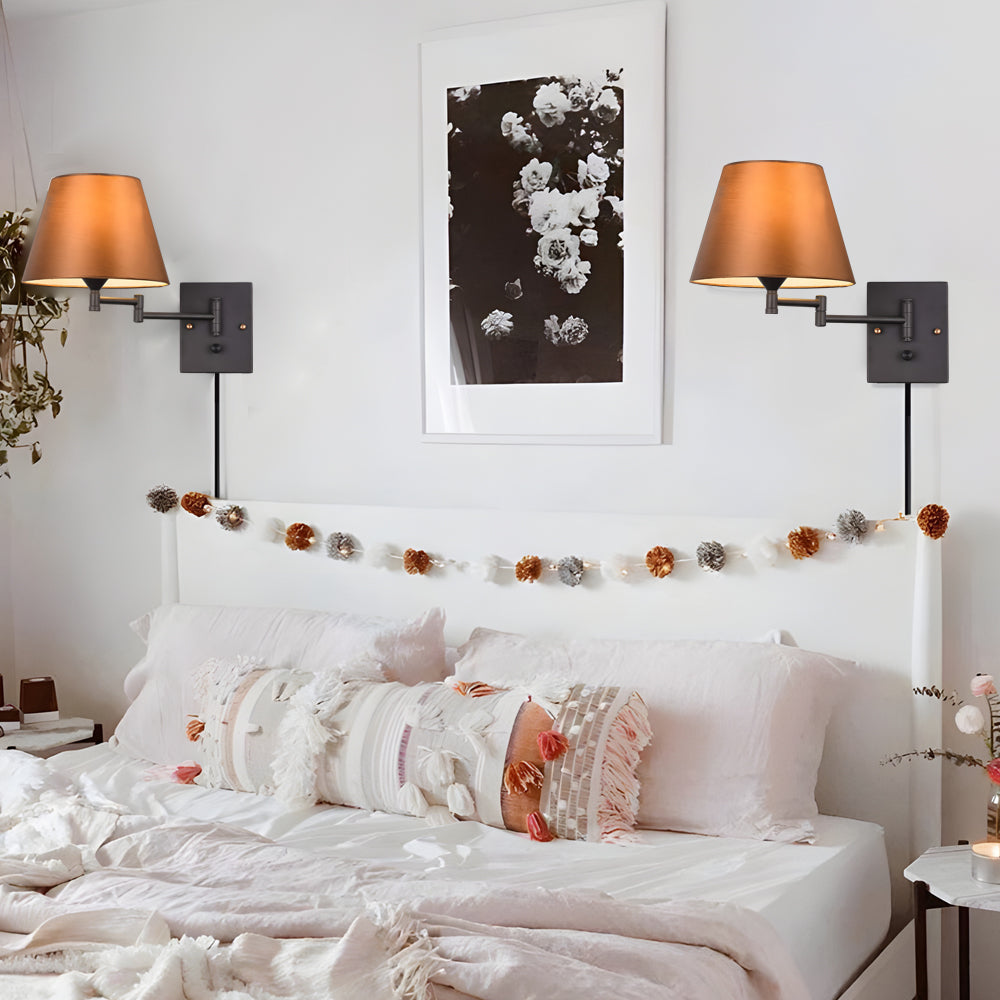 Luna | Swing Arm Wall Lamp | Plug-In, Linen Shade, Black | 1-Light