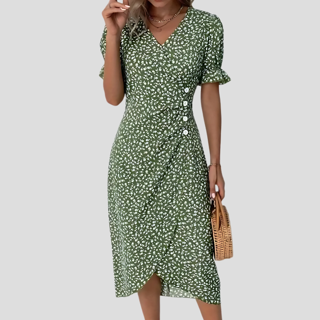 Zinnia | Women's Floral Midi Dress | V-Neck, Puff Sleeves, A-Line | Summer