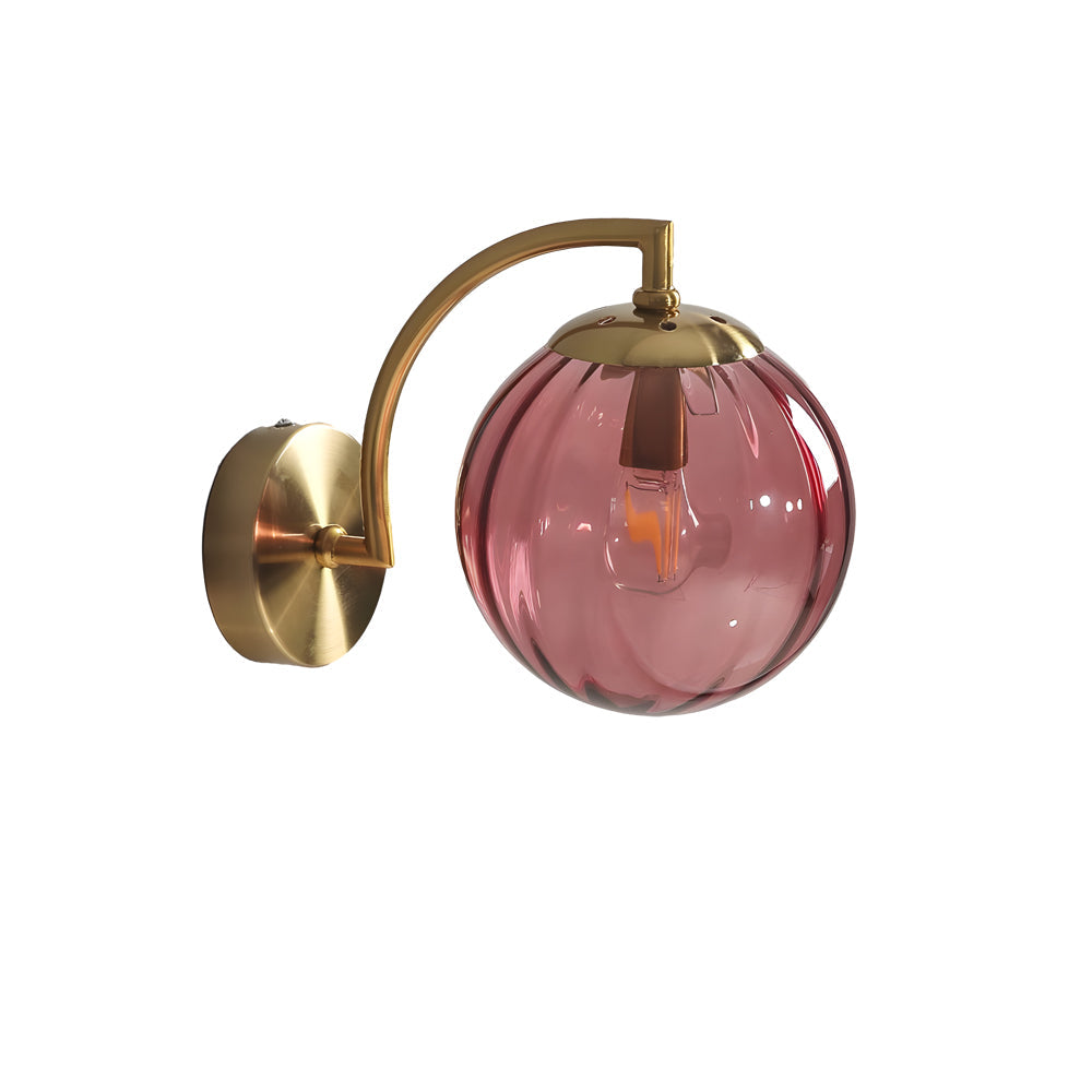 Luna | Wall Lamp | Curved Arm, Spherical Ribbed Glass Shade, 1-Light