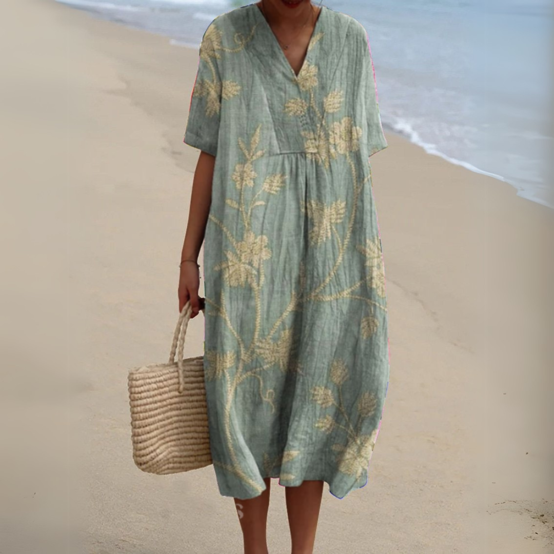 Summer Dress Women V Neck Cotton Linen Blend Floral Print Lightweight