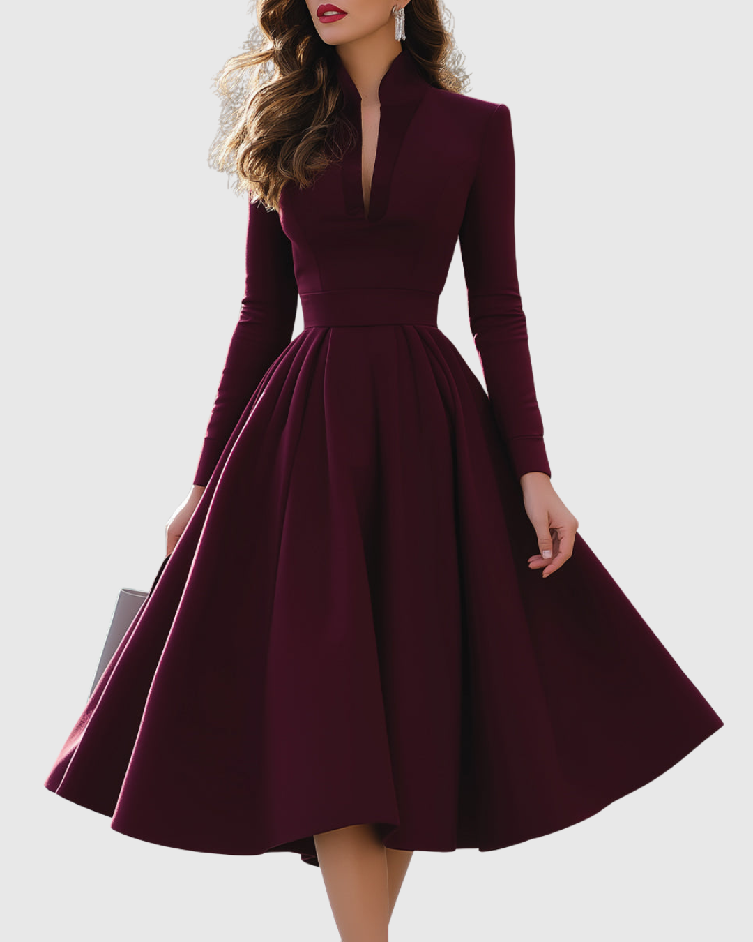 Midi Dress Women Fit Flare V Neck Pleated Skirt Structured Bodice Wine Red