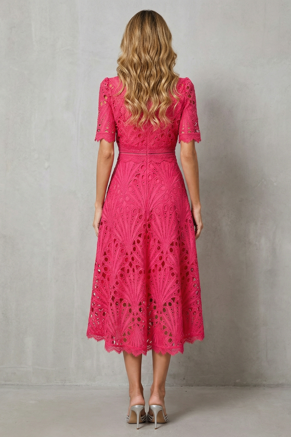 Midi Dress Women Lace Cutwork High Neck Short Sleeve Flared Skirt