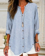 Women Loose Fit Long Sleeve Button-Up Blouse Striped V-Neck