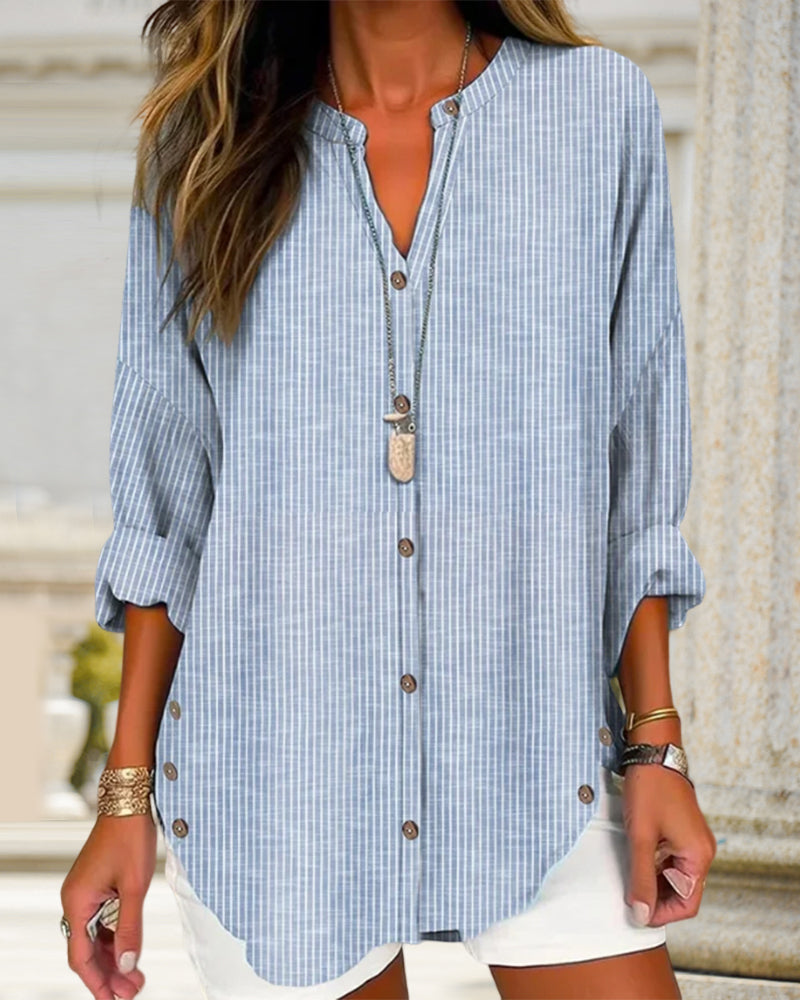 Women Loose Fit Long Sleeve Button-Up Blouse Striped V-Neck