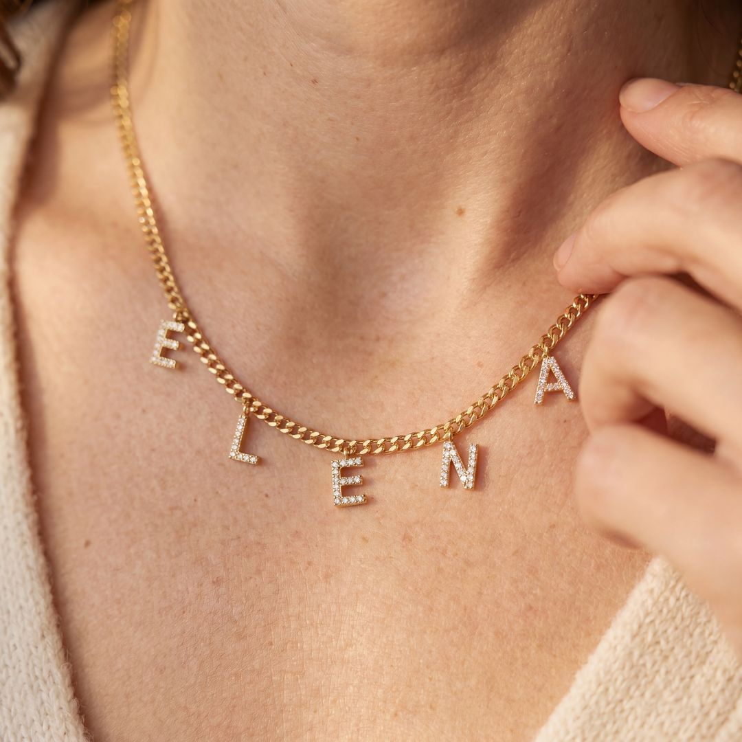Esma | Personalized Zirconia Letter Necklace Cuban Link Chain