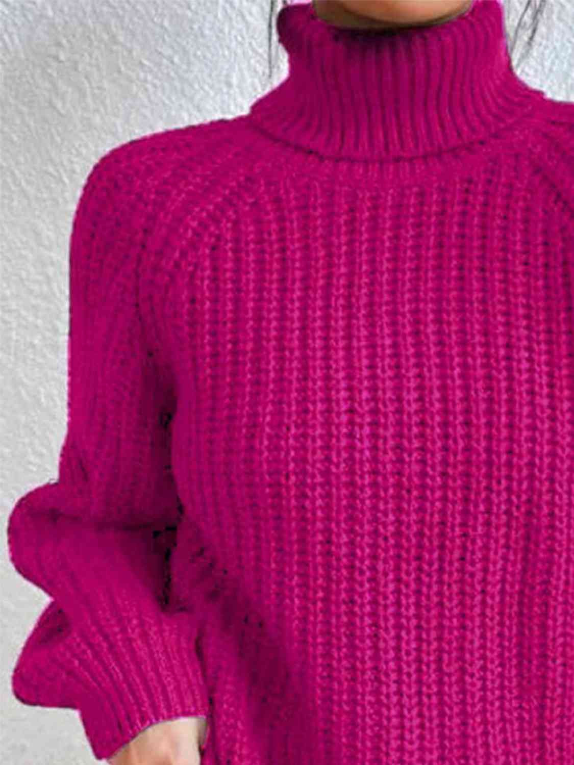 Women Ribbed Knit Turtleneck Sweater Side Slit