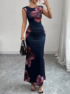 White Maxi Dress Sleeveless Bodycon Floral Print Round Neck