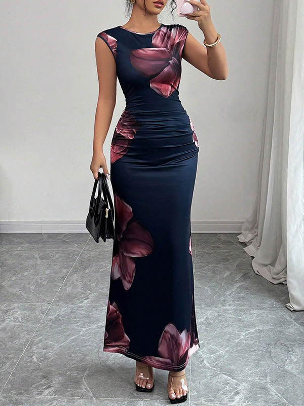 White Maxi Dress Sleeveless Bodycon Floral Print Round Neck