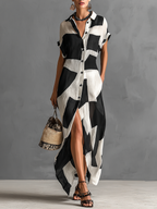 Shirt Dress Women Cotton Linen Geometric Print Maxi | Rosalind