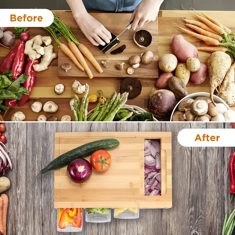 Delphine | Bamboo Cutting Board | Storage Trays, Graters & Juice Groove | Meal Prep Station