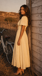 Midi Dress Women V Neck Puff Sleeve Flowy Lightweight Fabric