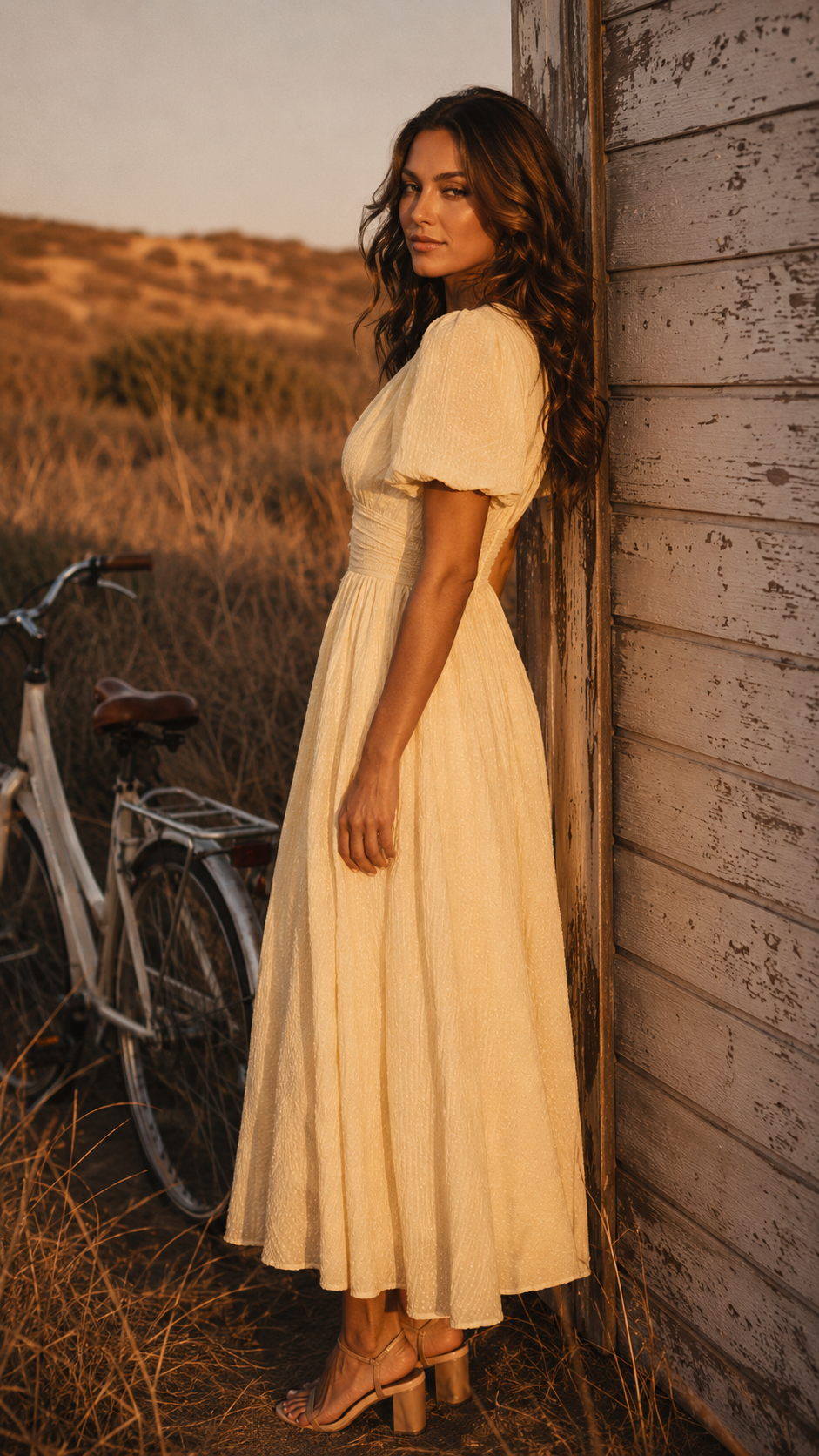 Midi Dress Women V Neck Puff Sleeve Flowy Lightweight Fabric