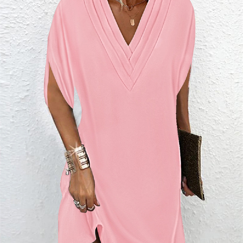 Summer Dress Women Solid V Neck Split Sleeve Loose Fit Casual