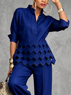 Women Blouse Stand Collar Three Quarter Sleeve Hollow Buttoned Loose | Aria