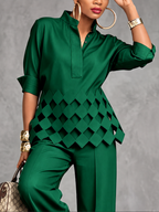 Women Blouse Stand Collar Three Quarter Sleeve Hollow Buttoned Loose | Aria