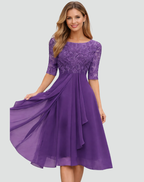 Cocktail Dress Women Midi Lace Top Tulle Skirt Three Quarter Sleeve