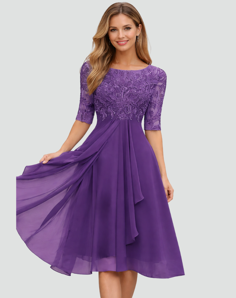 Cocktail Dress Women Midi Lace Top Tulle Skirt Three Quarter Sleeve