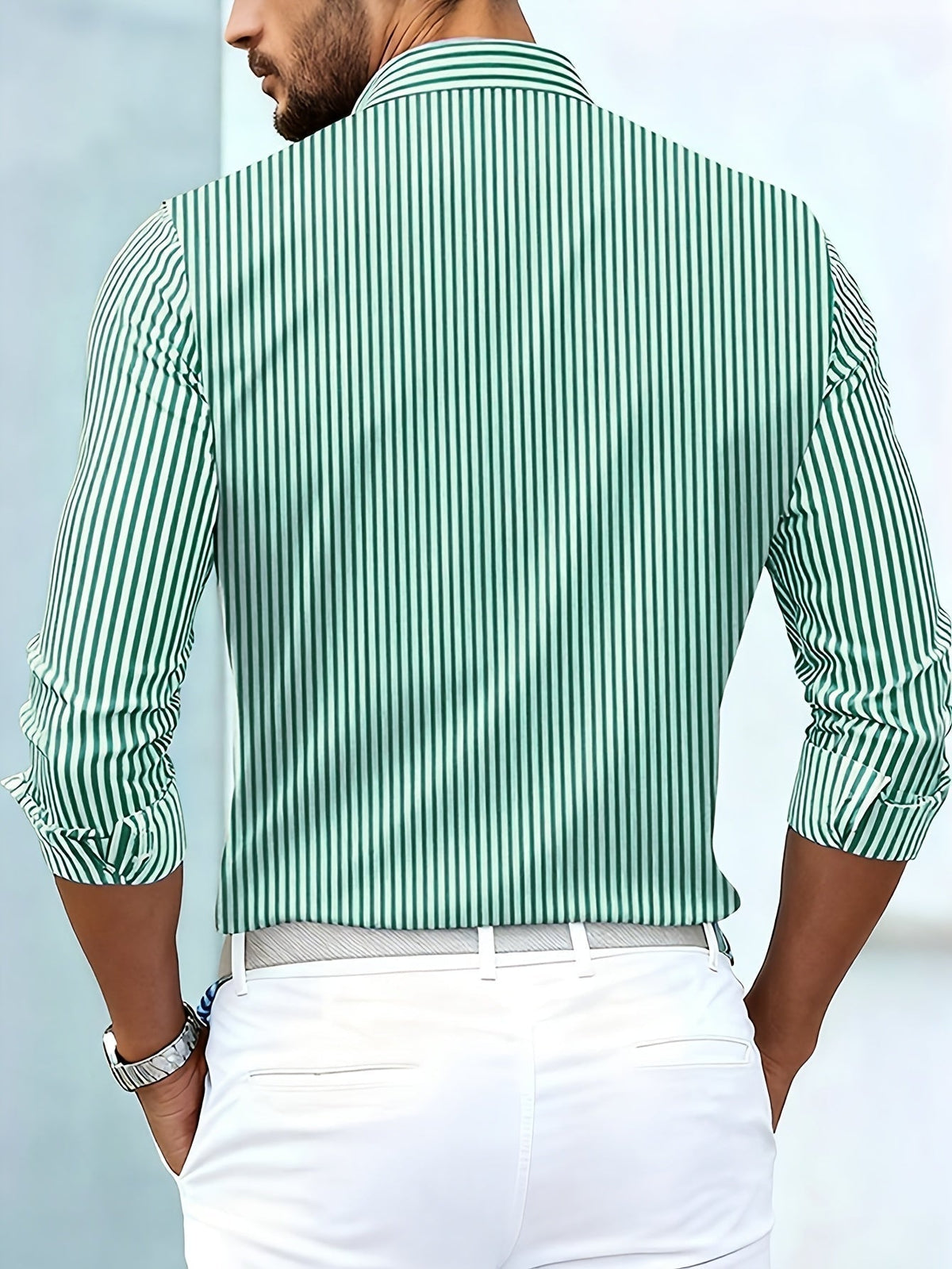 Men long sleeve striped shirt vintage wash relaxed regular fit