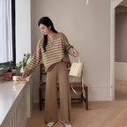 Women 2 Piece Knit Blouse Wide Leg Trousers Striped Set