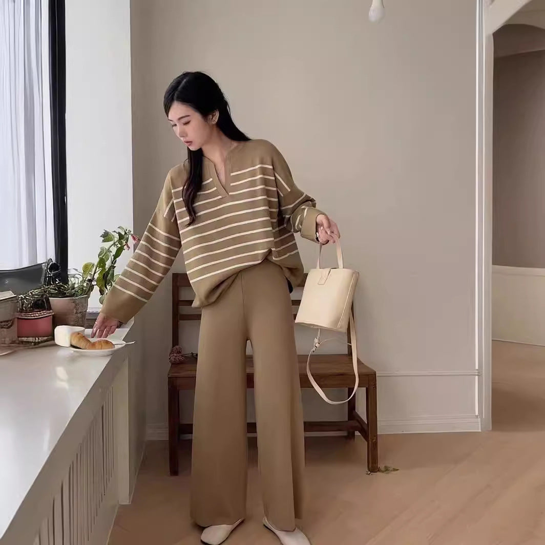 Women 2 Piece Knit Blouse Wide Leg Trousers Striped Set