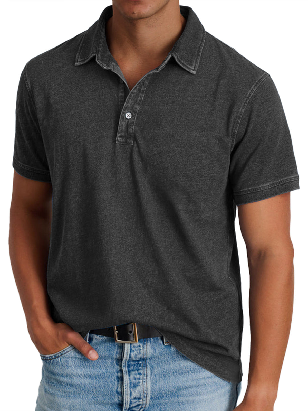 Polo Shirt Men Button Placket Collar Relaxed Fit Lightly Faded