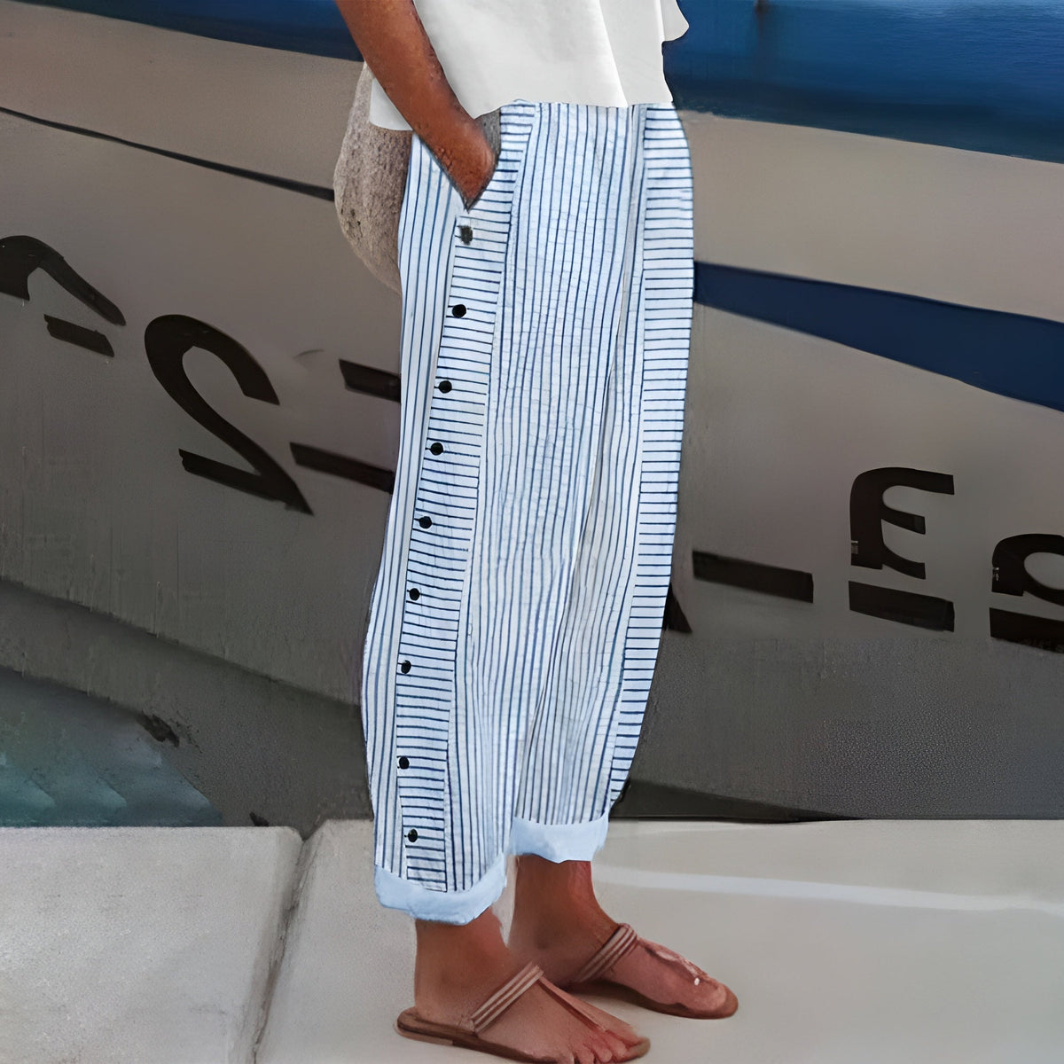 Women Striped Button Detail Casual Pants
