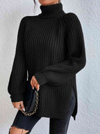 Women Ribbed Knit Turtleneck Sweater Side Slit