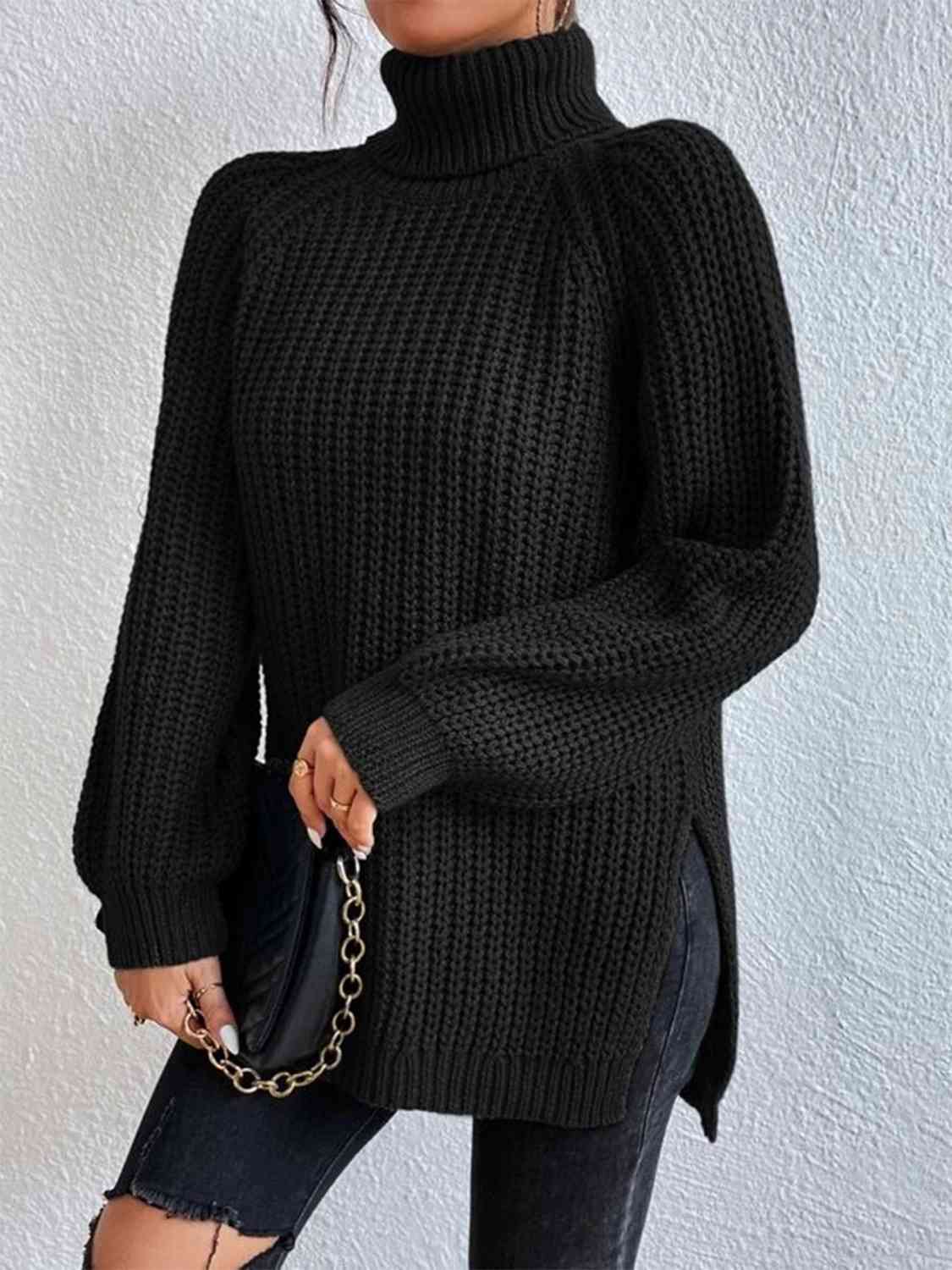 Women Ribbed Knit Turtleneck Sweater Side Slit