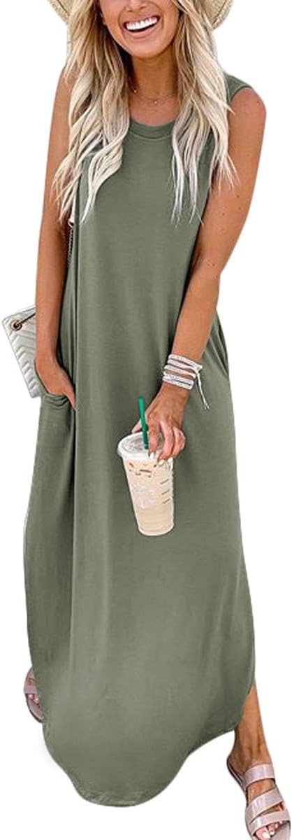 Women Sleeveless Maxi Dress Side Slit with Pockets