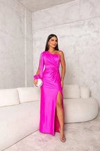 Evening Dress | One-Shoulder Satin Maxi, High Slit & Draping | Esma