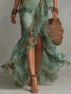 Wrap Dress Women Floral Print Maxi Bell Sleeve Ruffle Hem Flowy