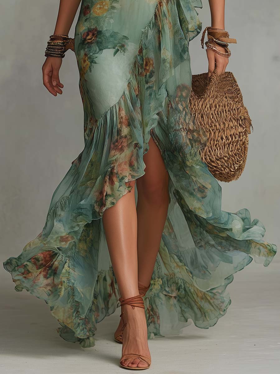 Wrap Dress Women Floral Print Maxi Bell Sleeve Ruffle Hem Flowy