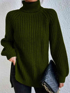 Women Ribbed Knit Turtleneck Sweater Side Slit