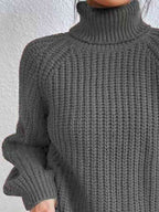 Women Ribbed Knit Turtleneck Sweater Side Slit