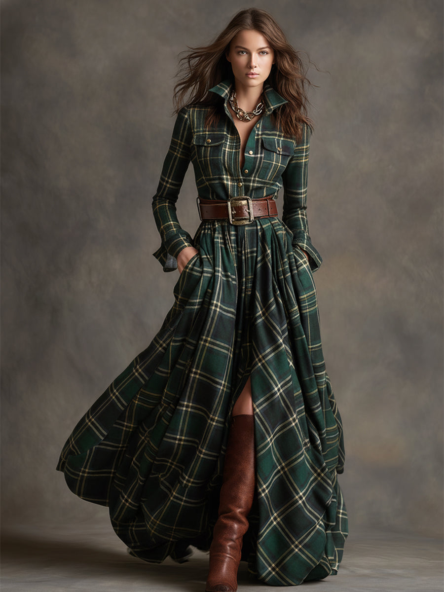 Shirt Dress Women Plaid Button Down Lapel Midi | Indra