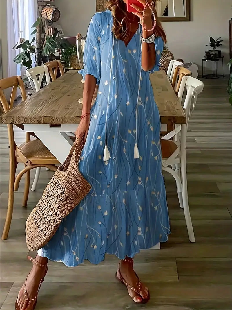 Boho Dress Women Ikat Print Ruffled V Neck Flowy Fit Lightweight