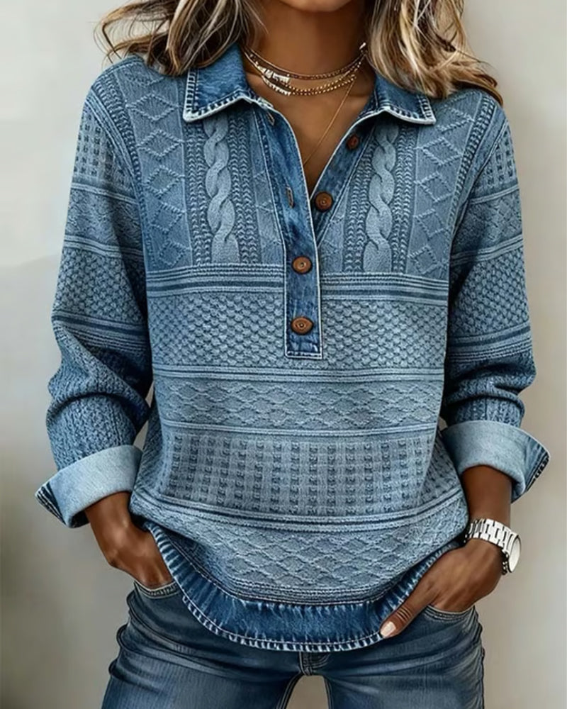 Women Half Button Collar Sweatshirt Textured Knit