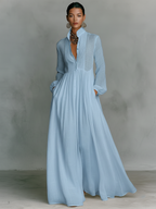 Maxi Dress Women Linen Patchwork Stand Up Collar Long Sleeve | Vera